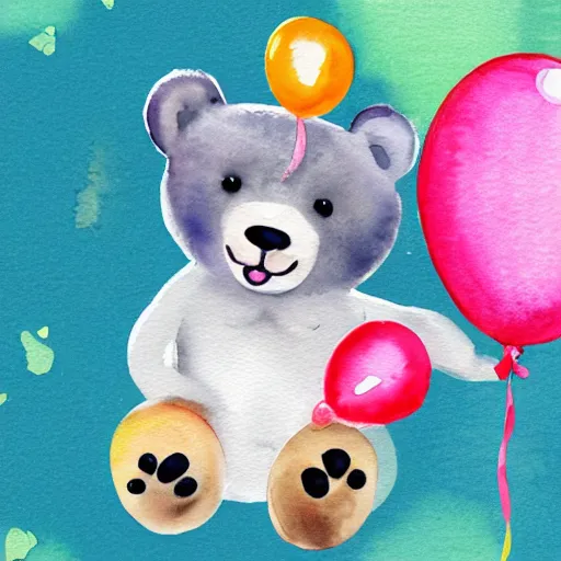 Image similar to watercolor cute animated baby bear holding birthday balloons with colorful dots, white background,