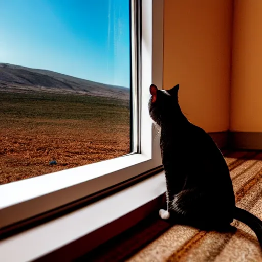 Image similar to photo of a cat watching martian landscape inside a window next to a bowl with cat food