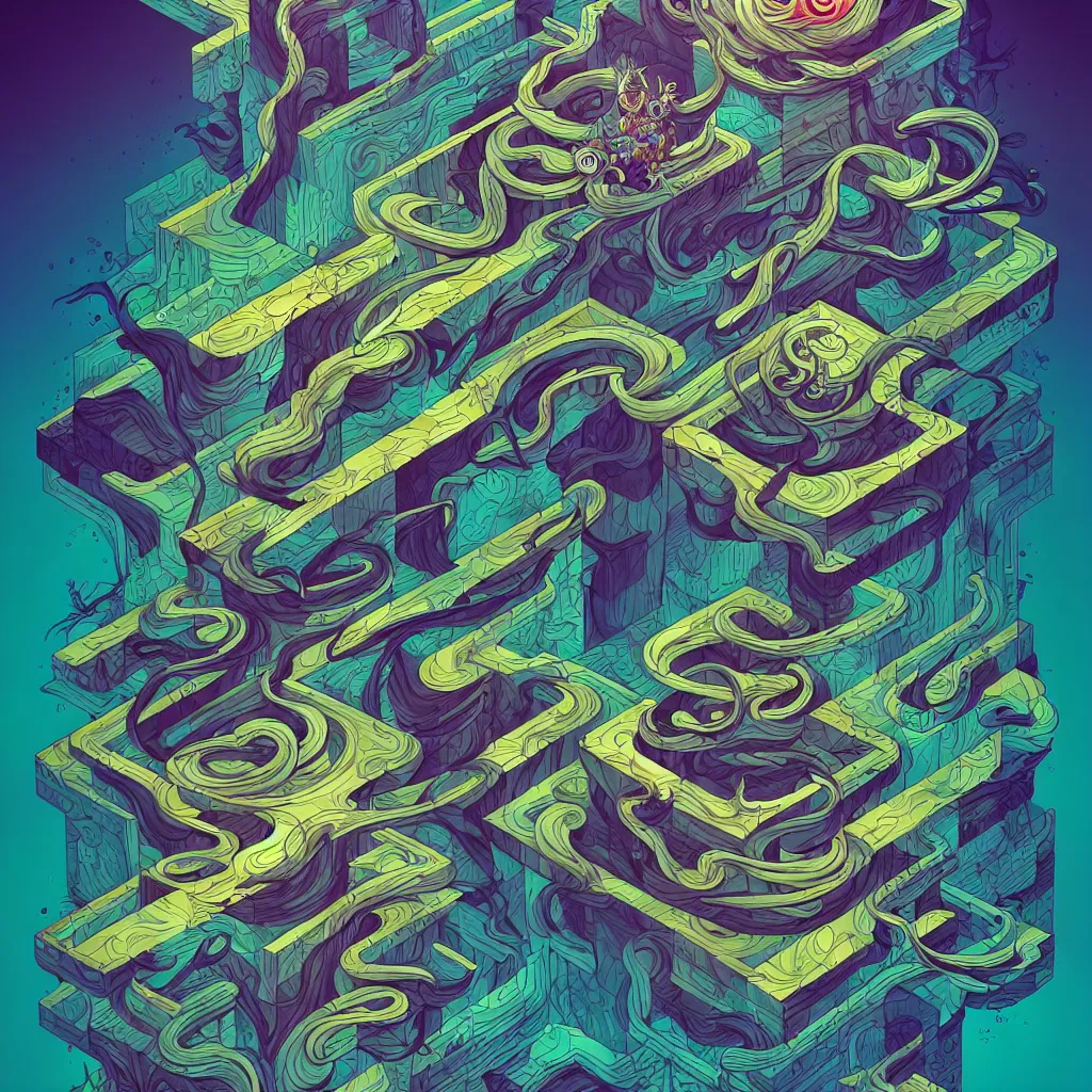 Image similar to arcane twisted turn of fate abstraction, centered award winning ink pen illustration, isometric abstract illustration by dan mumford, edited by craola, technical drawing by beeple and tooth wu, tiny details by artgerm and watercolor girl, symmetrically isometrically centered