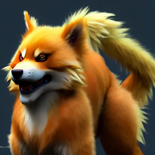 Image similar to photography of a realistic arcanine animal, ultra detailed, 8 k, cinematic lighting, natural background, trending on artstation, pokemon