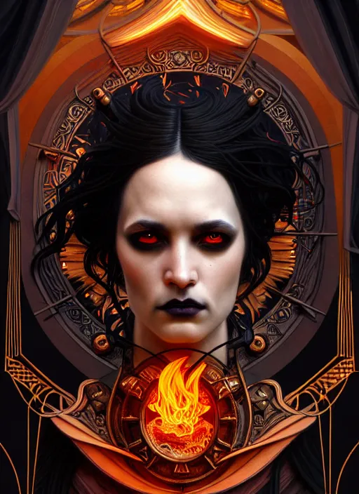 Prompt: portrait of god ares, long straigt black hair,, glowing eyes, volumetric lights, fire, art nouveau botanicals, gothic, intricate, highly detailed, digital painting, artstation, concept art, smooth, sharp focus, symmetric face, illustration, steampunk, art by artgerm and greg rutkowski and alphonse mucha