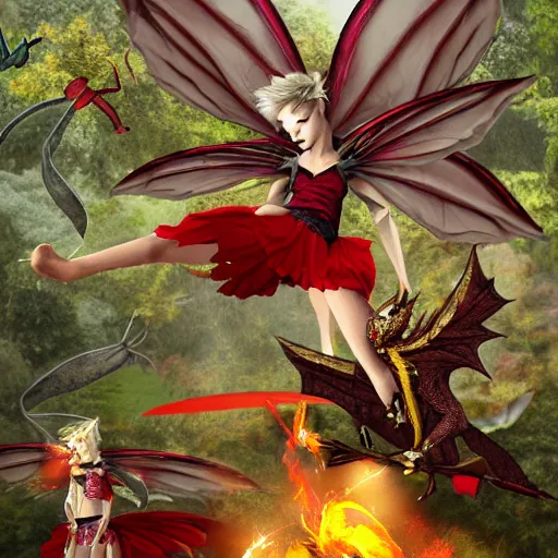 Prompt: flying fairy fighting against dragon demon