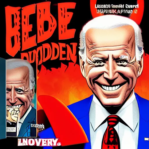 Image similar to Super Evil Joe Biden laughin, cover art by Stephen Bliss, Boxart