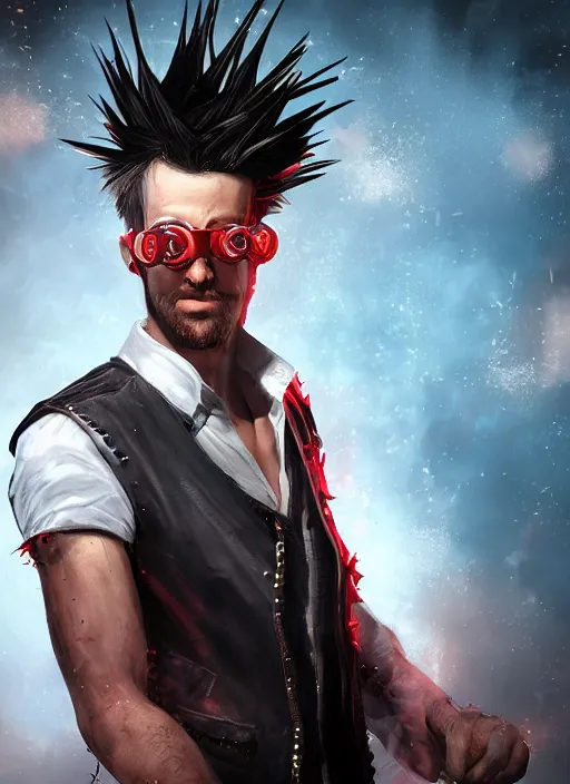 Prompt: An epic fantasy comic book style portrait painting of young man with long red spiked hair. Wearing a black waistcoat, white shirt, using googles. Rockstar. Blasting fire on his hands. Unreal 5, DAZ, hyperrealistic, octane render, cosplay, RPG portrait, dynamic lighting