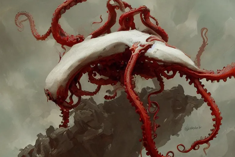 Image similar to painting by greg rutkowski of a flying human head and face that is chalk white in color, with tentacles coming of the neck, red eyes, flying in a terrying hell like cavernous place