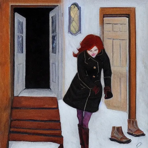 Image similar to emma stone in boots walking to outdoor toilet, winter, russian depression, chthonic, sharp focus, detailed, art by grant wood