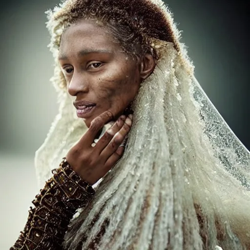 Image similar to full shot of a regal brown - skinned woman wearing an intricate armor made of many layers of ice. no makeup!! freckles!! haunting eyes. vulnerable. fragile. ethereal. elaborate. ice caves. glaciers. refracted light. extremely soft lighting. textures. delicate. translucent. by ray cesar. by louise dahl - wolfe. by andrea kowch. surreal photography.