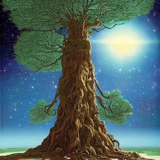 Image similar to a large tree rooted in a crystal hovering in space, by moebius