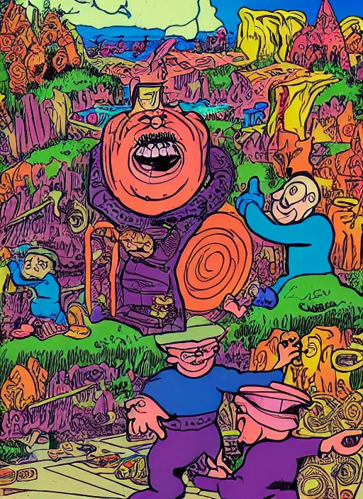 Image similar to dramatic color photo of dadcore occult wizards on vacation by basil wolverton by robert crumb by william eggleston in the style of a garbage pail kids card, play - doh, ultra realistic, concept art