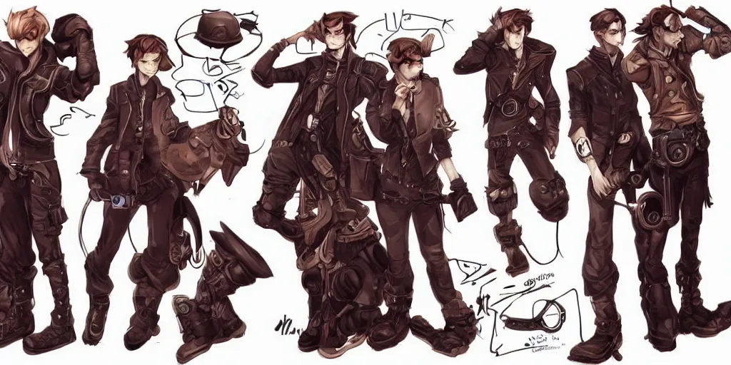 Prompt: concept art of single boy, game characters full body designs, unique heads, casual steampunk streetwear, by marc brunet and artgerm, color comics style, clean line