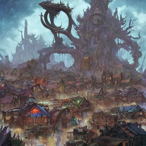 Image similar to an epic hyperdetailed 3 d matte painting of a wiccan shantytown in the victorian village surrounded by colossal biomorphic hallucinogenic demonic eldritch beings by peter mohrbacher by gerald brom by yoji shinkawa by richard michael gorman powers