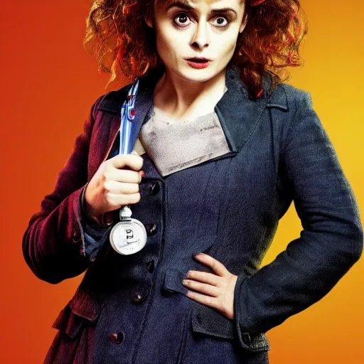 Prompt: helena bonham carter as doctor who, bbc promotional artwork, mid range shot