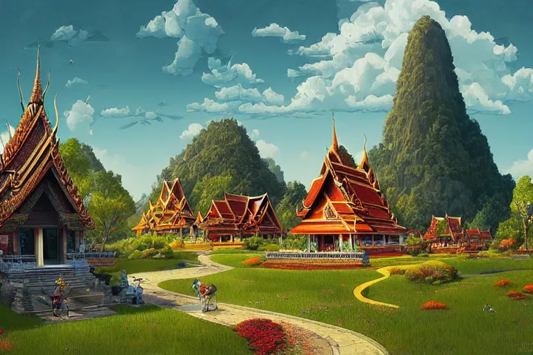 Prompt: summer morning, thai temple, rolling mountain, very coherent and colorful high contrast, art by gediminas pranckevicius, geof darrow, franz sedlacek, dark shadows, hard lighting