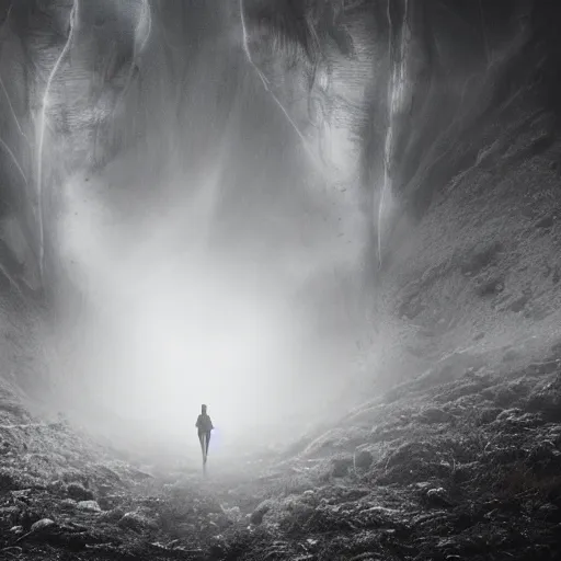 Image similar to 1 9 7 0's sci - fi movie, a giant valley filled with people who almost look human, uncanny valley, fog and mist, strange, otherwordly, light beams, unsplash contest winning photo, cinematic angles