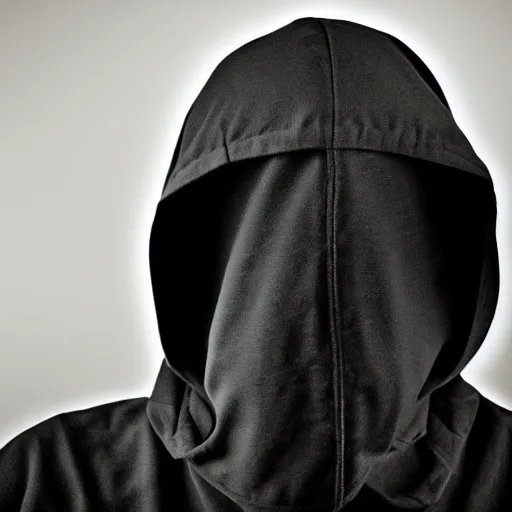 Image similar to realistic photo of hacker in anonymous mask, black, close up, front view, background, hood, extremely detailed, sharp focus, masterpiece,