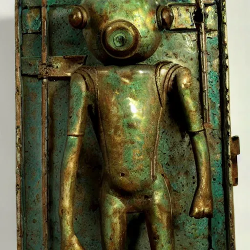 Image similar to a martian artifact in a museum, bronze, old, alien, verdigris, mechanical, gears