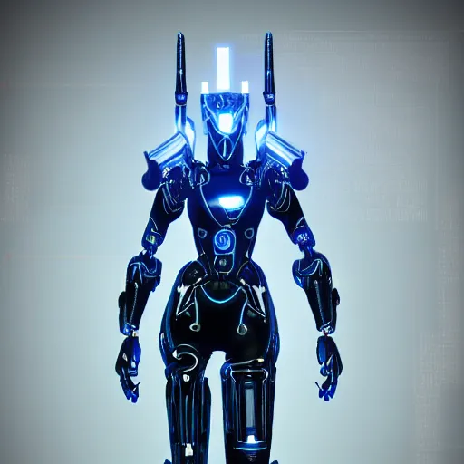 Prompt: digitigrade legs silver and black colored robot with blue screen - face elegant ornate detailed 4 k artstation deviantart cinematic shot destiny 2 fanart warframe fanart