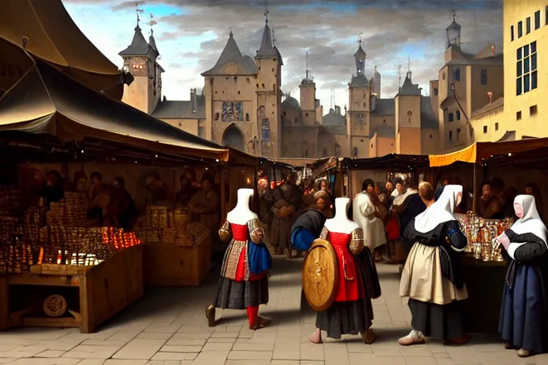 Image similar to A medieval market, between the products being sold are mobile phones, ear phones, laptops, and other devices!! Some people walking around, big depth of field, matte painting, trending on artstation, hyper detailed, sharp, baroque painting, painted by Velazquez