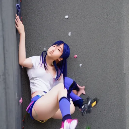 Prompt: anime waifu climbing a wall