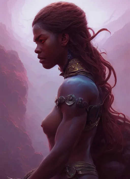 Image similar to highly detailed portrait of protagonist from elden ring, brown skin, adventure game, d & d, fantasy art by greg rutkowski, stanley artgerm, loish, rhads, tom bagshaw, global illumination, radiant light, detailed and intricate environment