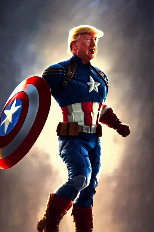 Image similar to a distant cinematic shot of Donald Trump as Captain America, D&D, fantasy, intricate, elegant, highly detailed, digital painting, artstation, concept art, matte, smooth, sharp focus, illustration, art by Artgerm and Greg Rutkowski and Alphonse Mucha, octane render, 8k, hyper realistic