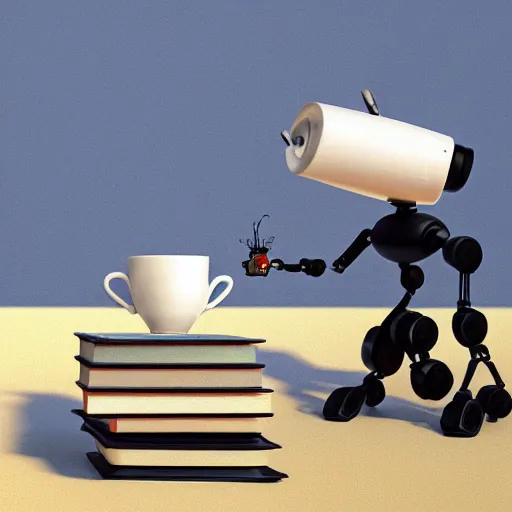 Image similar to long shot of a minimalistic robot serving a cup of tea on a pile of books, by simon stalenhaag, by naoto hatori, by yoshita amano, by esao andrews, product photography, hyperrealistic, big depth of field, fresh colors, 3 d octane render conceptart, 4 k, highly detailed, trending on artstation