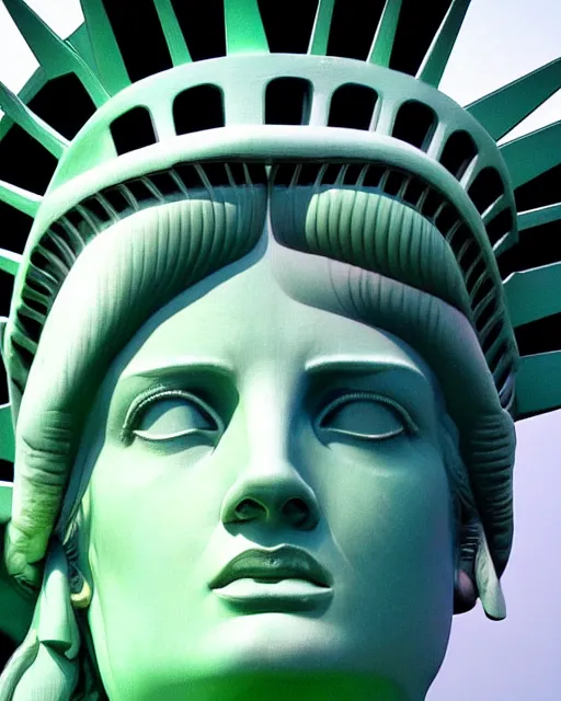 Image similar to photo portrait beautiful real woman as the statue of liberty hyper realistic face, beautiful eyes, hyper detailed, smooth