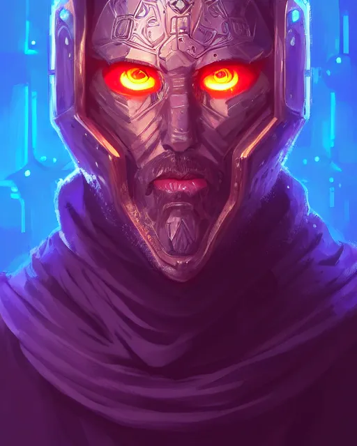 Prompt: a portrait of a medieval king, cyberpunk, purple color scheme, glowing eyes, grim - lighting, high - contrast, intricate, elegant, highly detailed, digital painting, artstation, concept art, smooth, sharp focus, illustration