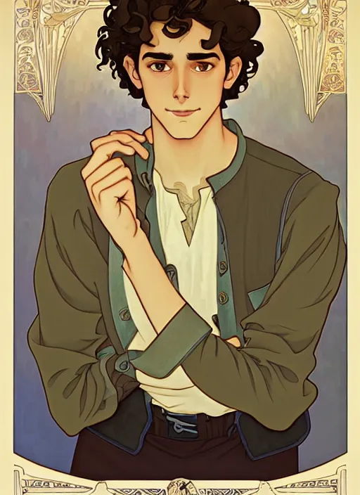 Image similar to well - lit art nouveau portrait of a young man with curly brown hair, brown eyes, annoyed facial expression, casual clothes, natural lighting, path traced, highly detailed, high quality, cartoon, digital painting, by don bluth and ross tran and studio ghibli and alphonse mucha