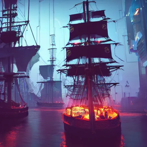 Image similar to high quality photo of a pirate ship in a cyberpunk cyberpunk cyberpunk city, realism, 8k, award winning photo