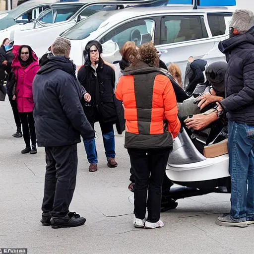 Image similar to car manipulator picks up one person from a queue of people looking for a store