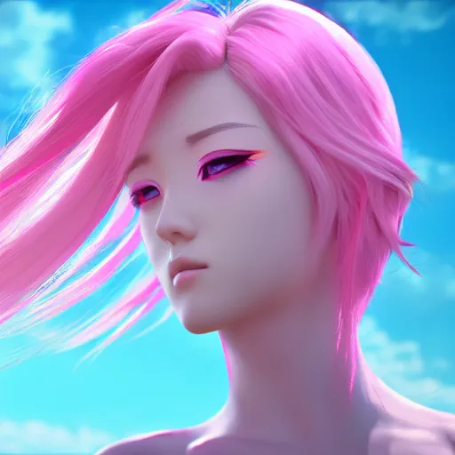 Prompt: taken from an extremely low angle, stunningly beautiful omnipotent anime goddess with pink hair and cyan eyes, unreal engine 5, 8 k