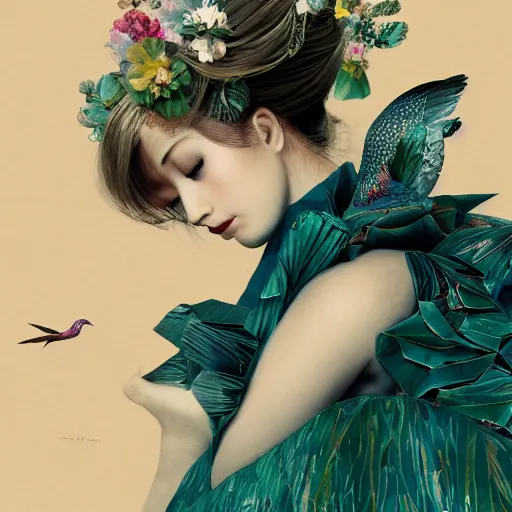 Image similar to 3 / 4 view of a beautiful girl wearing an origami dress, eye - level medium shot, fine floral ornaments in cloth and hair, hummingbirds, elegant, by eiko ishioka, givenchy, henri de toulouse - lautrec, by peter mohrbacher, centered, fresh colors, origami, fashion, detailed illustration, vogue, japanese, reallusion character creator