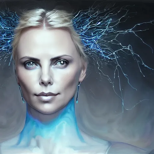 Prompt: masterpiece portrait of an aesthetic mage woman, ice spell, 3 0 years old woman, ( young charlize theron like ), black dynamic hair, wearing silver diadem with blue gems inlays, silver necklace, painting by joachim bergauer and magali villeneuve, atmospheric effects, chaotic blue sparks dynamics in the background, intricate, artstation, fantasy