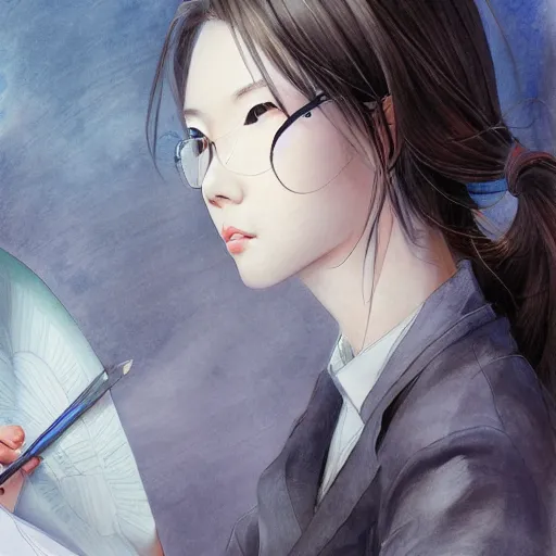 Image similar to dynamic composition, motion, ultra-detailed, incredibly detailed, a lot of details, amazing fine details and brush strokes, colorful and grayish palette, smooth, HD semirealistic anime CG concept art digital painting, watercolor oil painting of a young office lady, by a Chinese artist at ArtStation, by Huang Guangjian, Fenghua Zhong, Ruan Jia, Xin Jin and Wei Chang. Realistic artwork of a Chinese videogame, gradients, gentle an harmonic grayish colors.