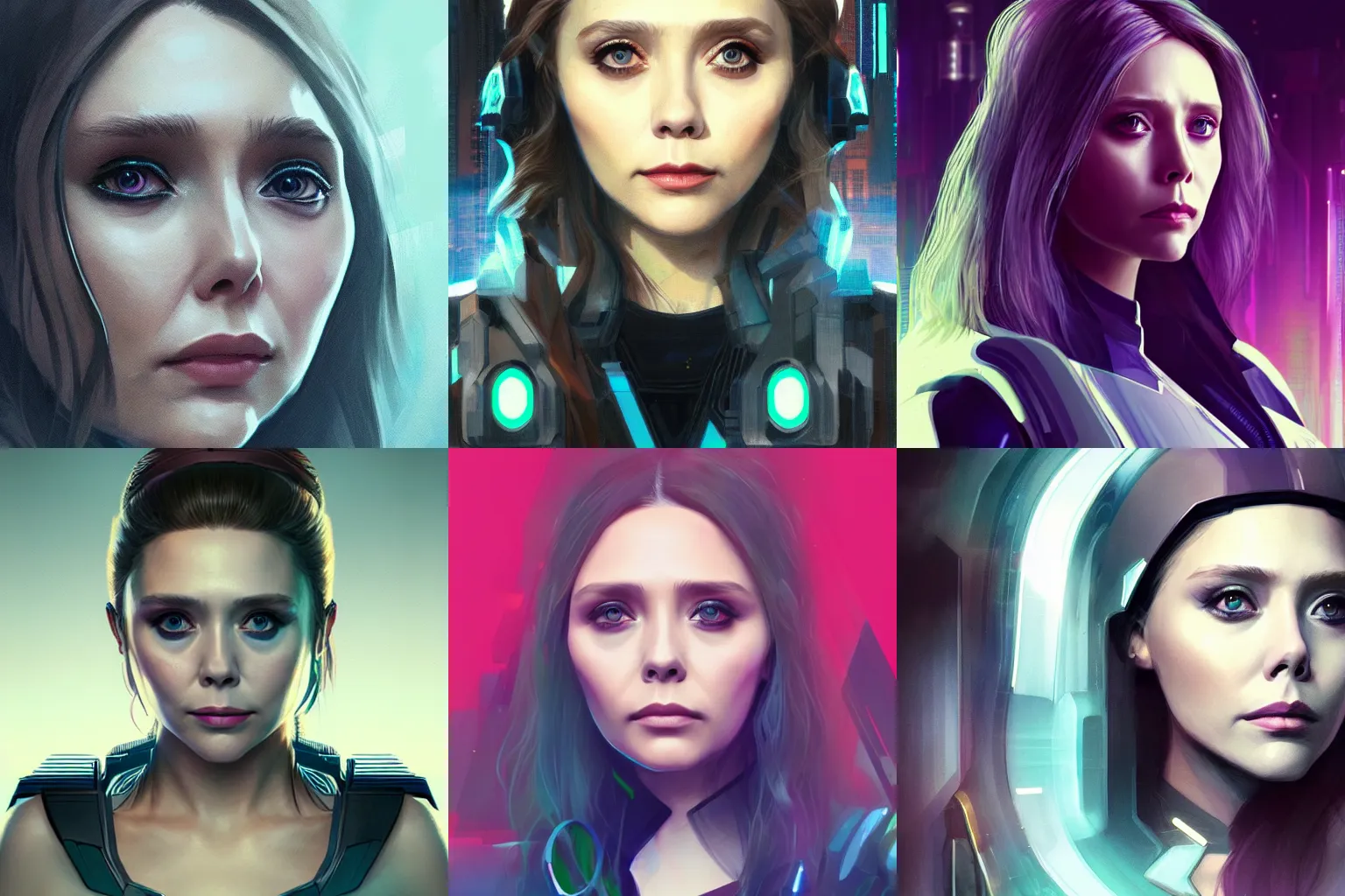 Prompt: Elizabeth olsen, cyberpunk, portrait, artstation