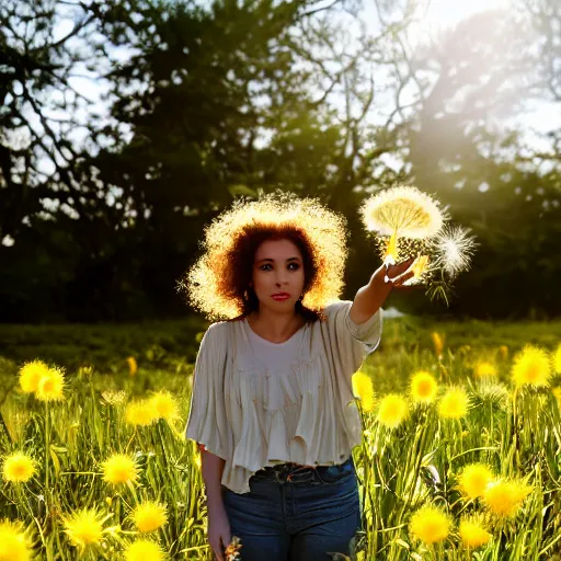 Prompt: a portrait of a beautiful 3 5 year old racially ambiguous woman, german, mexican, curly blond hair, standing in a field of soft focus dandelion flowers on a lovely spring day