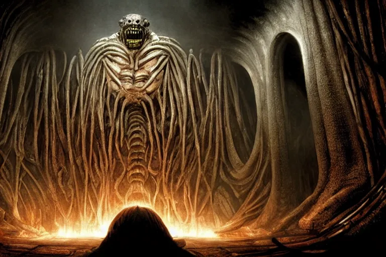 Prompt: balrog at the far end of a great hall in moria, style of h. r. giger, realistic movie still, cinematic, cgi,