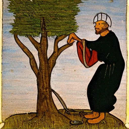 Prompt: a painting of a medieval peasant cutting down a tree