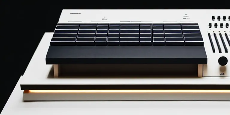 Image similar to dezeen showroom , minimalissimo, archdaily, , teenage engineering moad, mother of all decks, product design concept,product shot of moog melotron synthesizer designed by jony ives, dieter rams, 8k, highly detailed photo