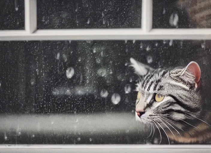 Image similar to photography of a Cat . watching outside the window while it rains. on a bed. in a room full of vinyls and posters, photorealistic, raining award winning photo, 100mm, sharp, high res