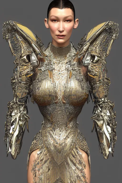 Image similar to a highly detailed 4 k render of a beautiful angel alien goddess bella hadid in iris van herpen dress armor schiaparelli in diamonds in style of alphonse mucha trending on artstation made in unreal engine 4