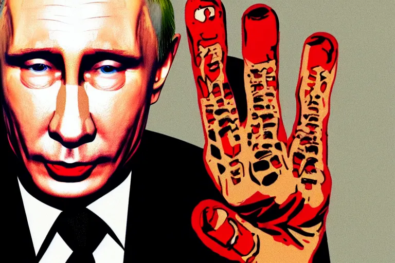 Image similar to portrait of Putin showing middle finger to a camera, in the style of David cronenberg ,scary, weird, high fashion, ID magazine, vogue magazine, surprising, freaky, freak show, realistic,