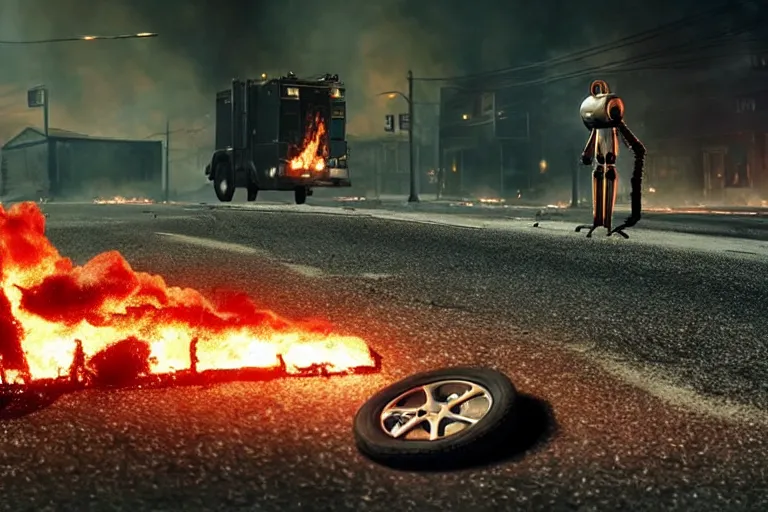 Image similar to vfx film closeup, dead robot couple on the ground holding hands, city street tire tracks fire. flat color profile low - key lighting award winning photography arri alexa cinematography, hyper real photorealistic cinematic atmospheric cool colorgrade