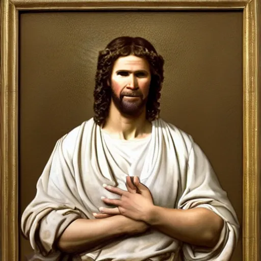 Prompt: Portrait of Will Ferrell as Jesus, heavenly vision, Jacques-Louis David, Musée du Louvre
