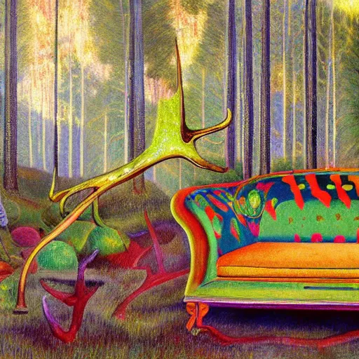 Image similar to psychedelic couch sofa in the lush pine forest, milky way, moose antlers, designed by arnold bocklin, jules bastien - lepage, tarsila do amaral, wayne barlowe and gustave baumann, cheval michael, trending on artstation, star, sharp focus, colorful refracted sparkles and lines, soft light, 8 k 4 k