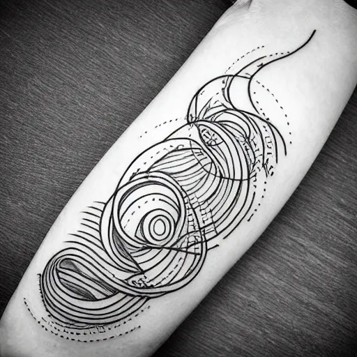 Prompt: tattoo sketch of a ocean, on a yellow canva, ornamental, line art, minimalism, tatto for leg