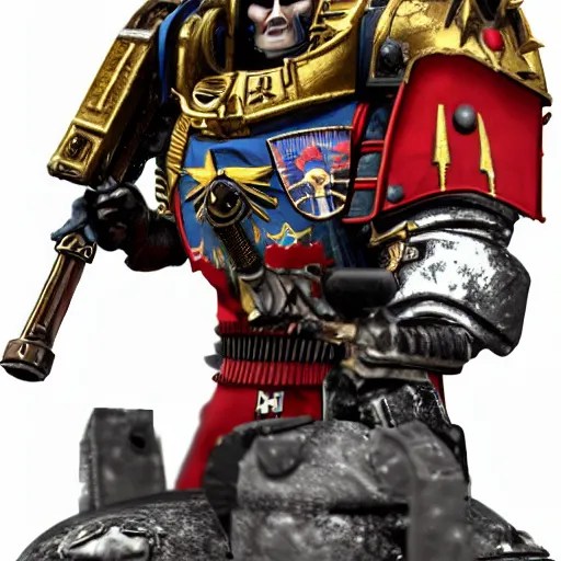 Prompt: Emmanuel Macron in space marine armor from Warhammer 40k, on a battlefield of the future, game workshop style, symmetrical face, multiple details, shimmering light