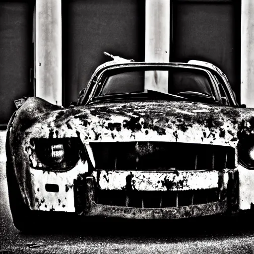 Image similar to black and white press photograph of a rusted abandoned expensive sports car on a busy city street, detailed, natural light, mist, film grain, soft vignette, sigma 5 0 mm f / 1. 4 1 / 1 0 sec shutter, imax 7 0 mm footage