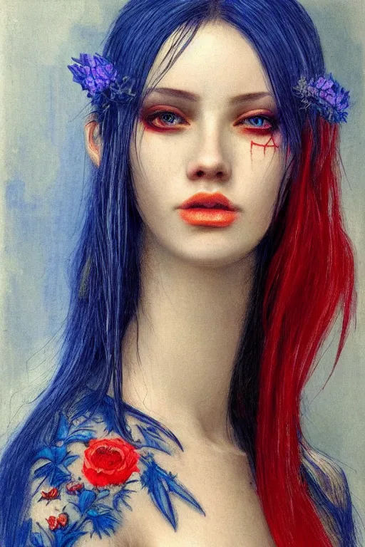 Image similar to portrait of beautiful young maiden, warhammer, cyber style, more and more cyberpunk, a lot of more scars, more and more flowers, blue head, some red water, the middle ages, highly detailed, artstation, illustration, artgerm sylvari portrait, 8 k quality, art by alfred kubin